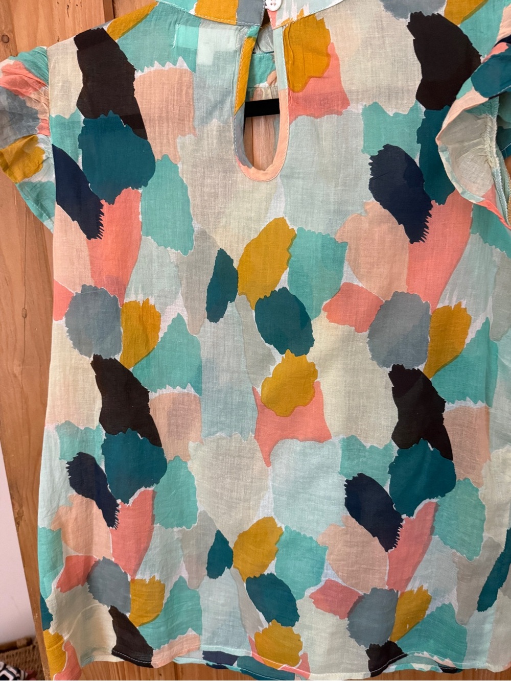 THML Multicolor Abstract Print Ruffle Neck Flutter Sleeve Top - Picture 6 of 7